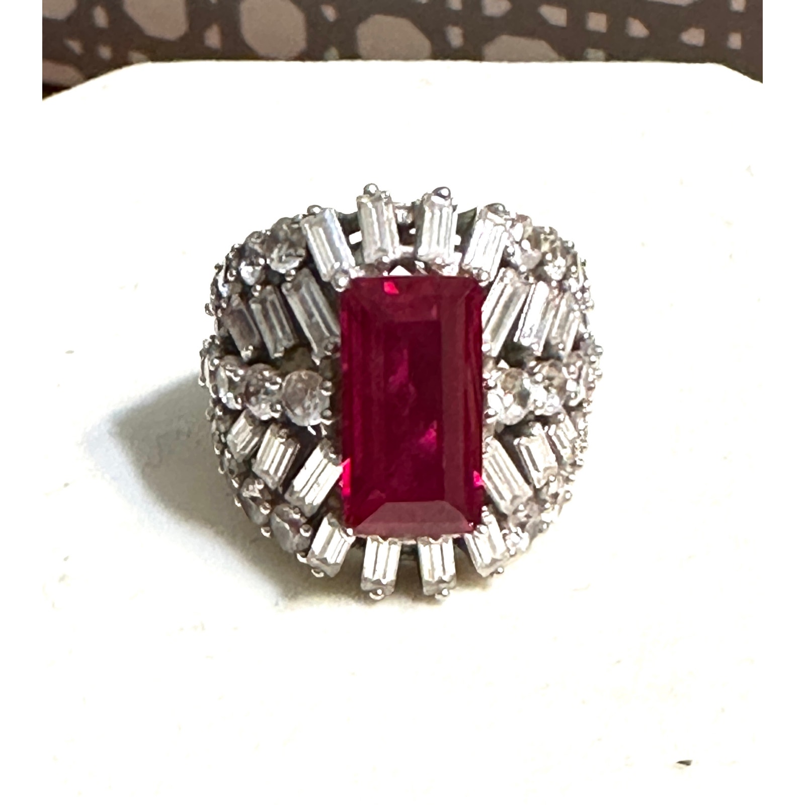 Charles Winston Lab Created Ruby & Diamond Simulant Rhodium Silver Ring - Size 8