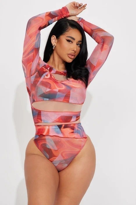 Marbled Crew Neck Stretch Mesh bodysuit Size S RefM010