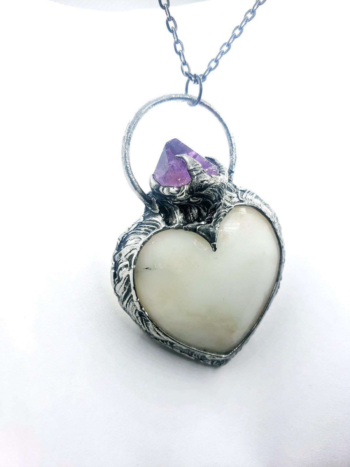 Dendritic opal and amethyst crystal heart necklace handmade gothic fantasy style
