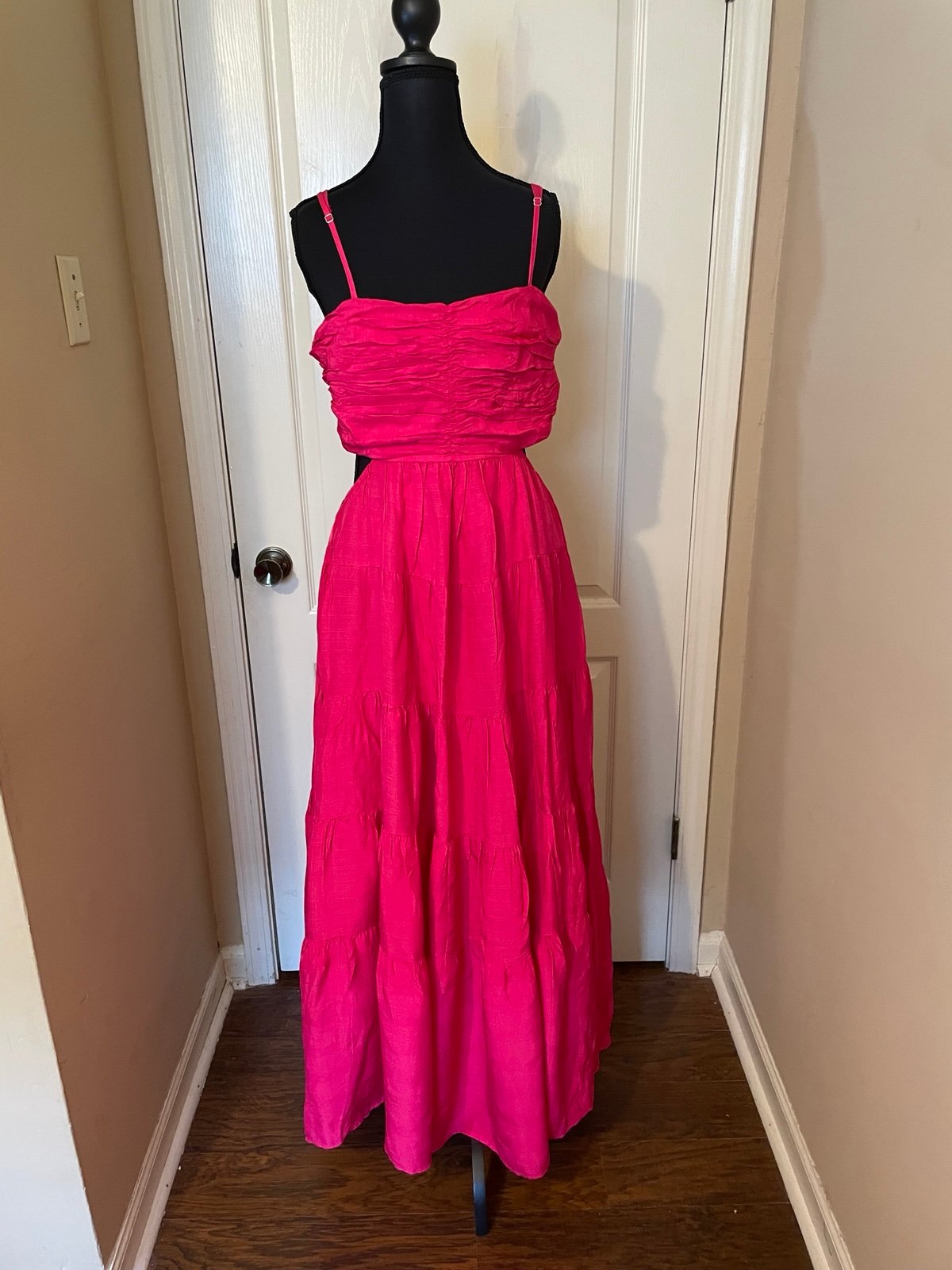 Anthropologie Let Me Be Cutout Tiered Dress Maxi Hot Pink Size LP Romantic Boho