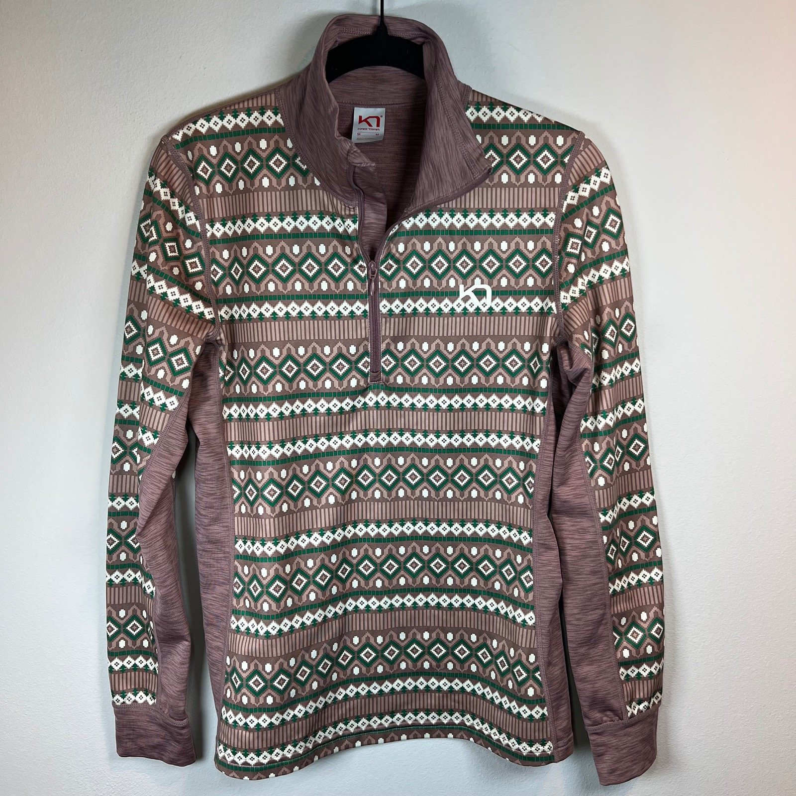 KARI TRAA Lune 1/2 Zip Base Layer Pullover Shirt Taupe Fair Isle Outdoor Medium