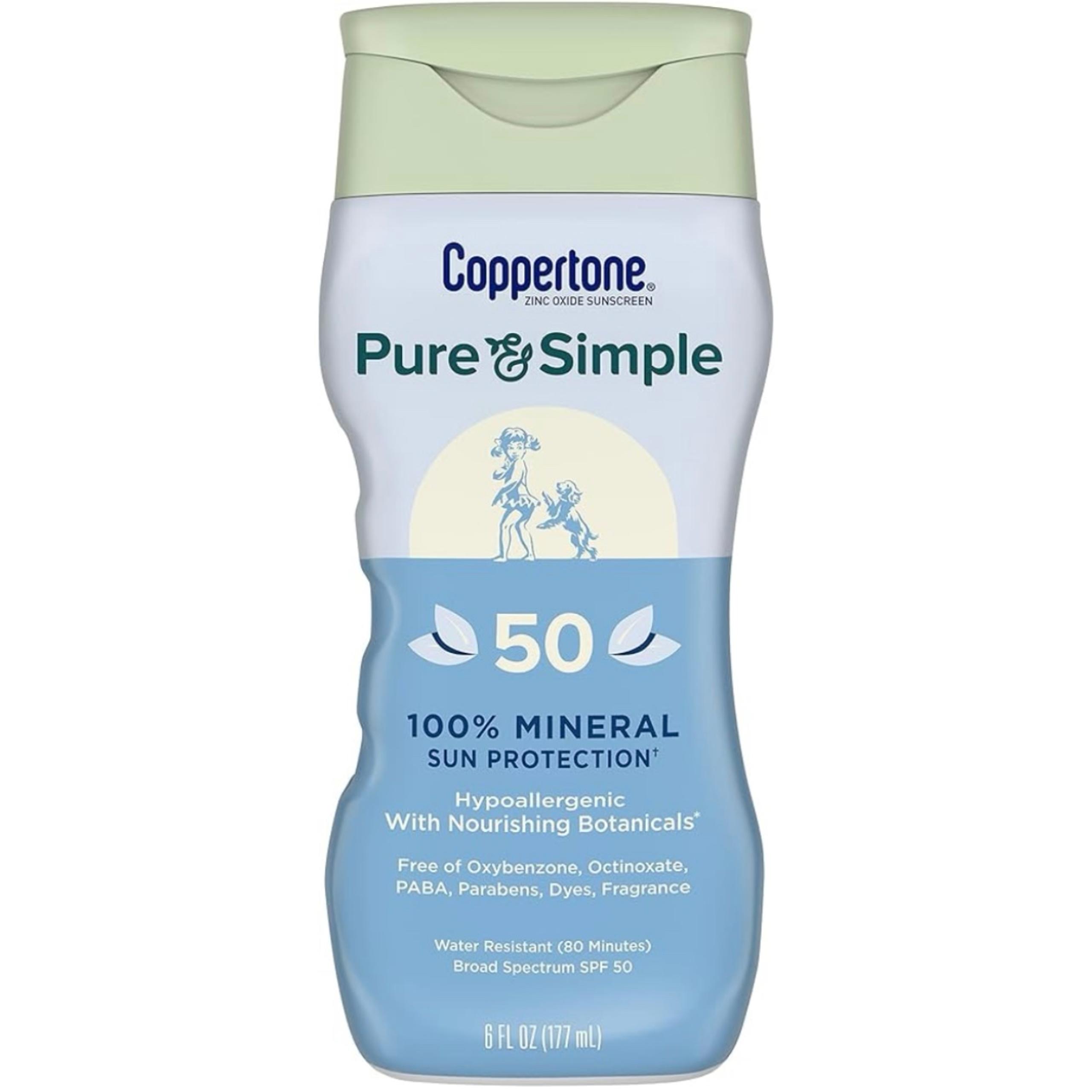 Coppertone Pure and Simple Sunscreen Lotion, SPF 50 with Zinc Oxide, 6 Oz