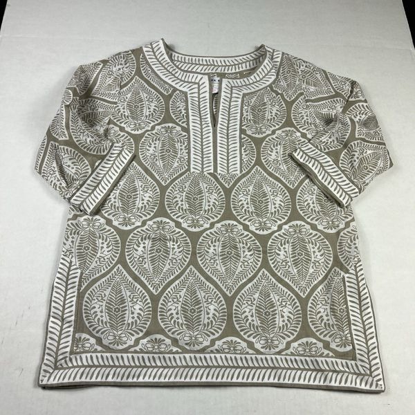 Gretchen Scott Tunic Top Small Cotton Leaf Print Boho Resort Preppy Neutral Chic