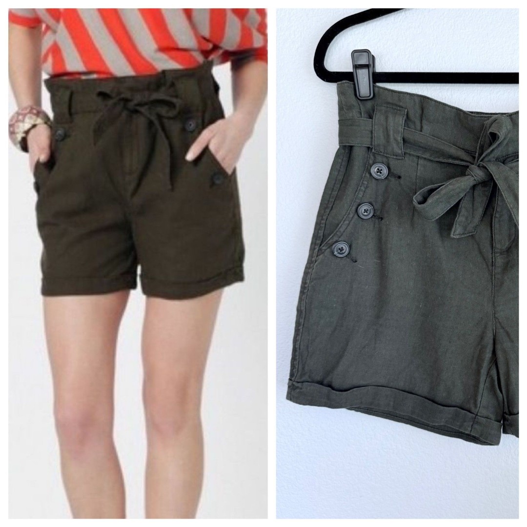 Anthro Daughters of the Liberation High Waist Paper Bag Linen Cotton Shorts Moss