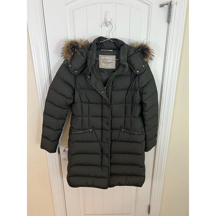 Jan Mayen Women's Olive Down Coat With Faux Fur Trim Hood Puffer Jacket Size Med
