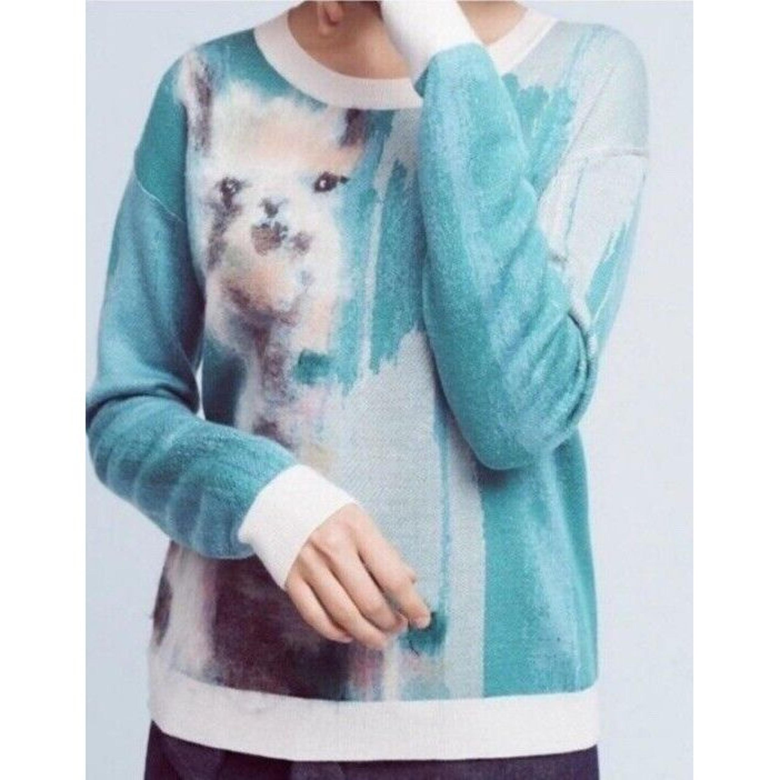 Anthropologie Lauren Walcott Artwork Llama Sweater Blue Womens Wool Blend Size S