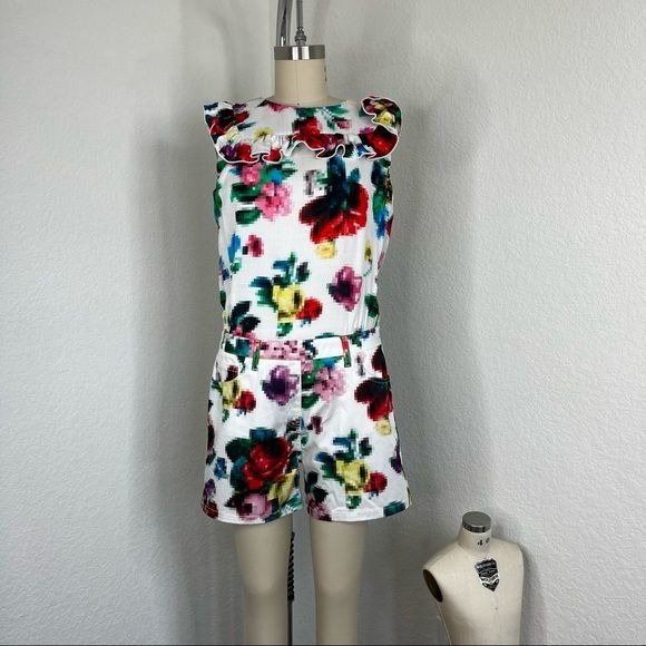 LOVE MOSHINO Pixelated Romper Floral Ruffle Playsuit