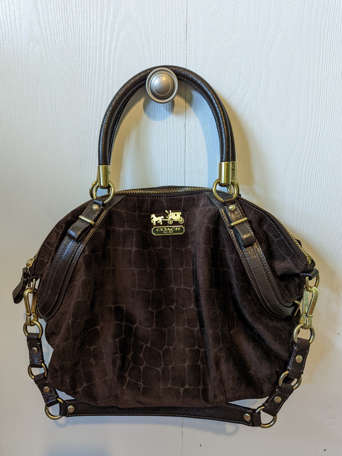 Genuine Coach LE Madison Embossed Dark Brown Suede 'Sophia' Satchel