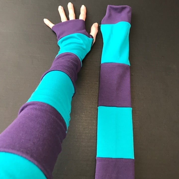 Long Striped Gloves Blue Hand Warmers Purple Armwarmers Patchwork Sleeves Covers