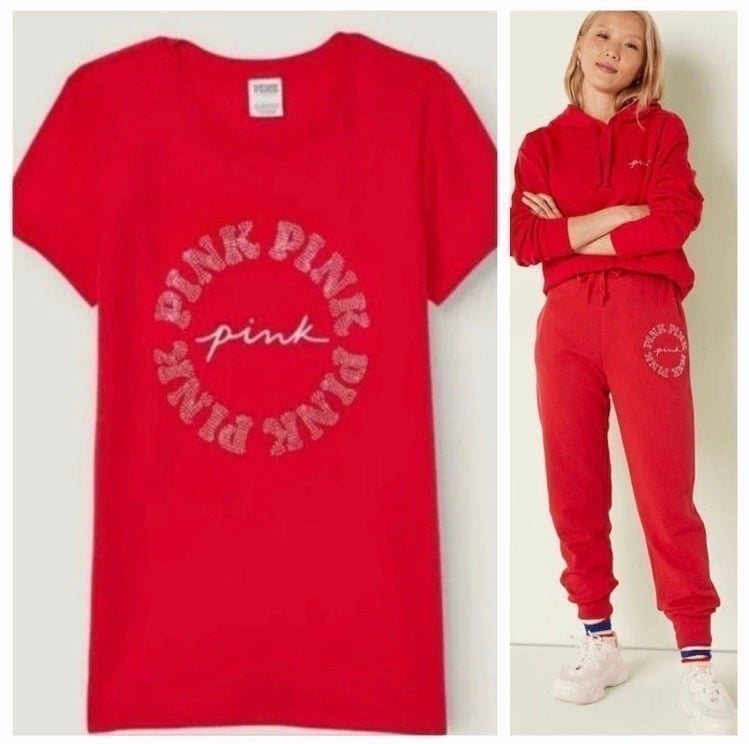 VS PINK Everyday Tee Shirt & Relaxed Jogger Set Red with Seal Bling Logo XXL