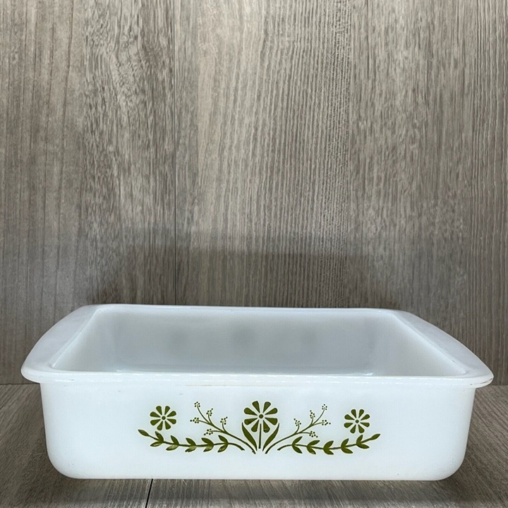 Vintage Glasbake Square Casserole Baking Dish Green Floral Pattern Milk Glass