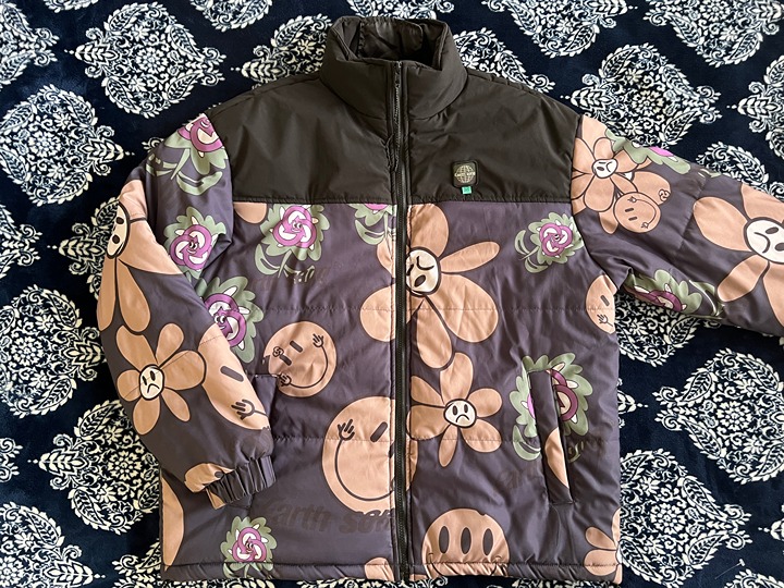 RARE New Wave Street Culture Happy Sad Flower Puffer Jacket Coat Men's MEDIUM