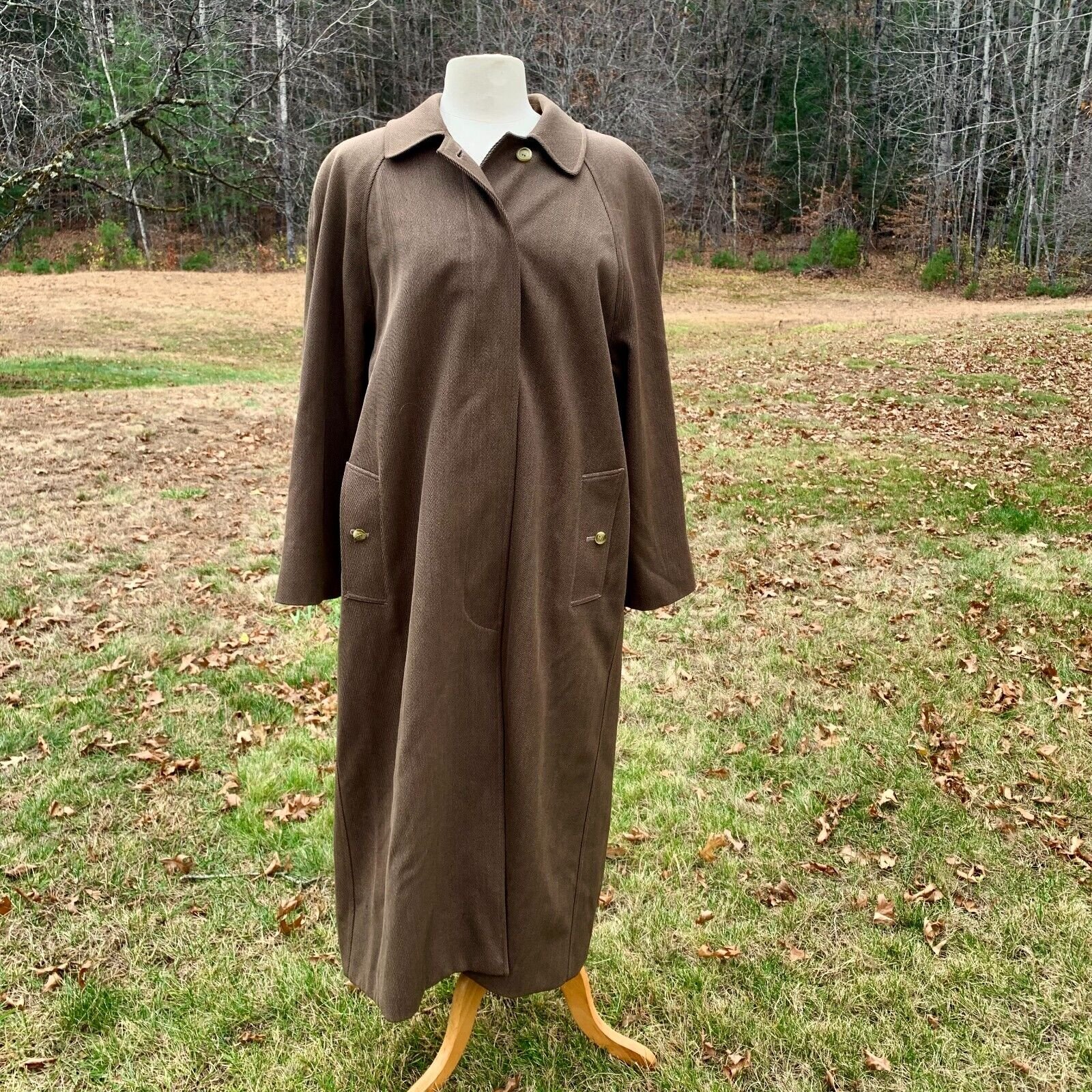 Burberry Brown Wool Gaberdine Womens Long Coat M/L Plaid Liner Excellent