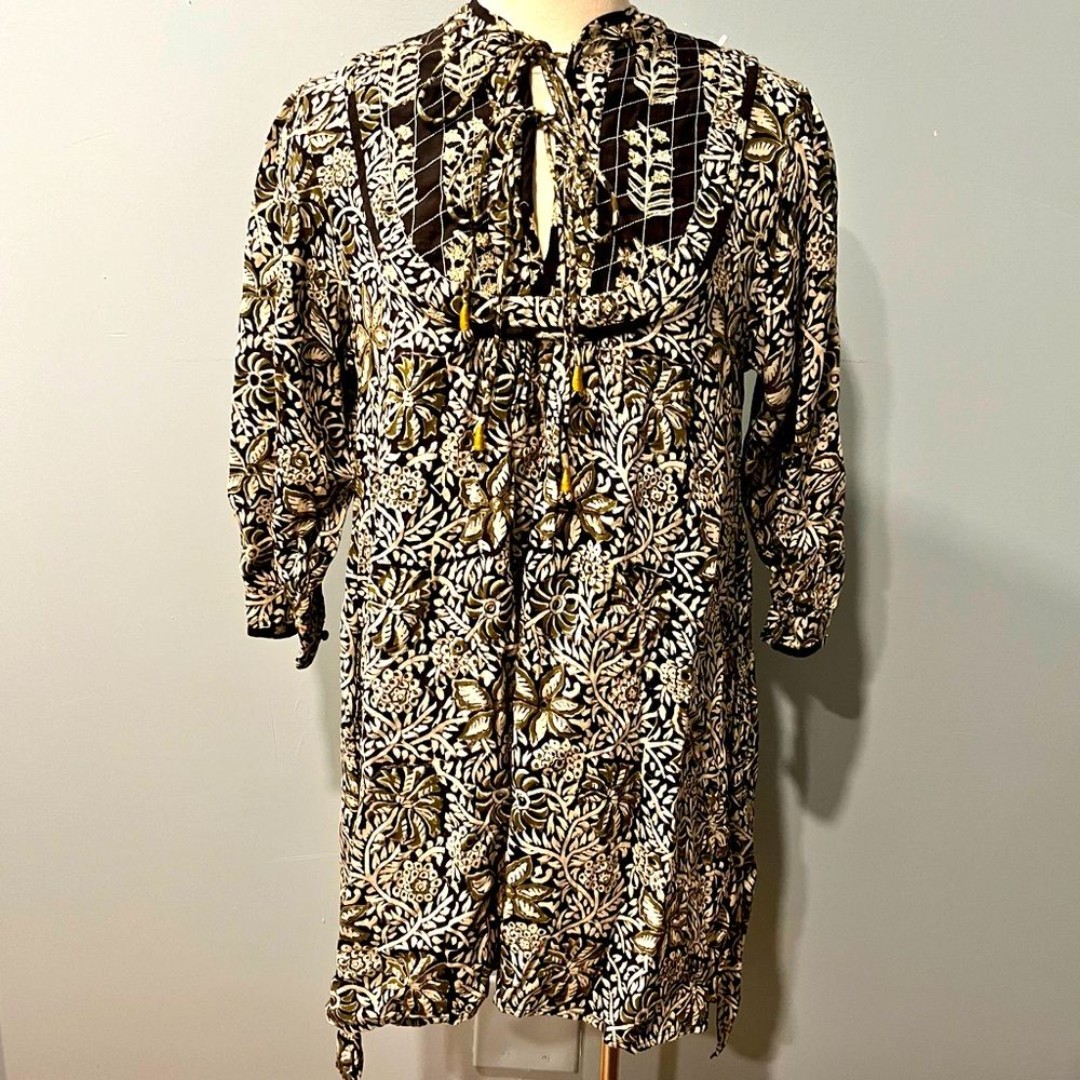 NWT Kopal 100% Cotton Black Forest 3/4 Sleeve Dress Handmade in India Size Small