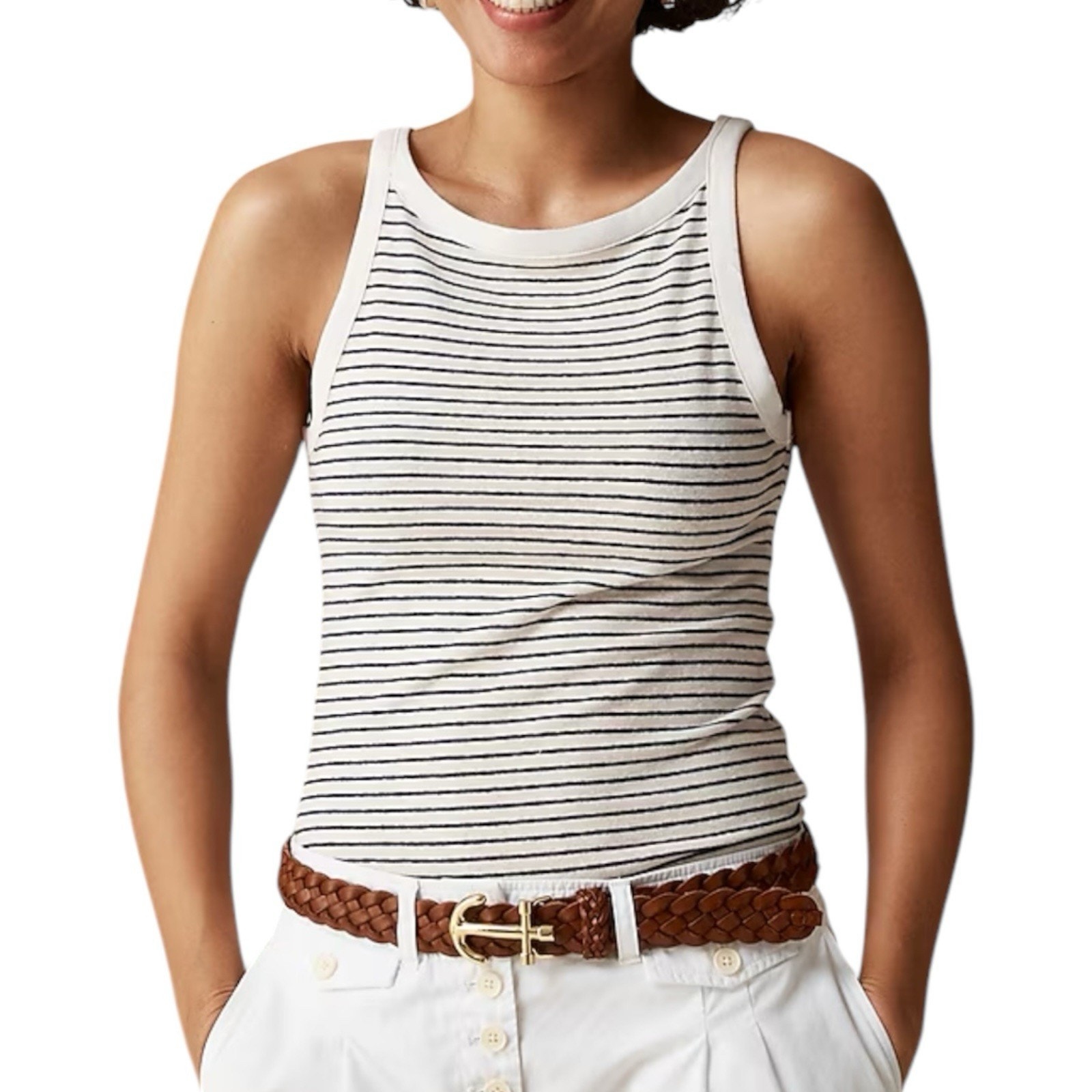 NWD J. Crew High Neck Tank Top Striped Linen Blend Women’s Size XL