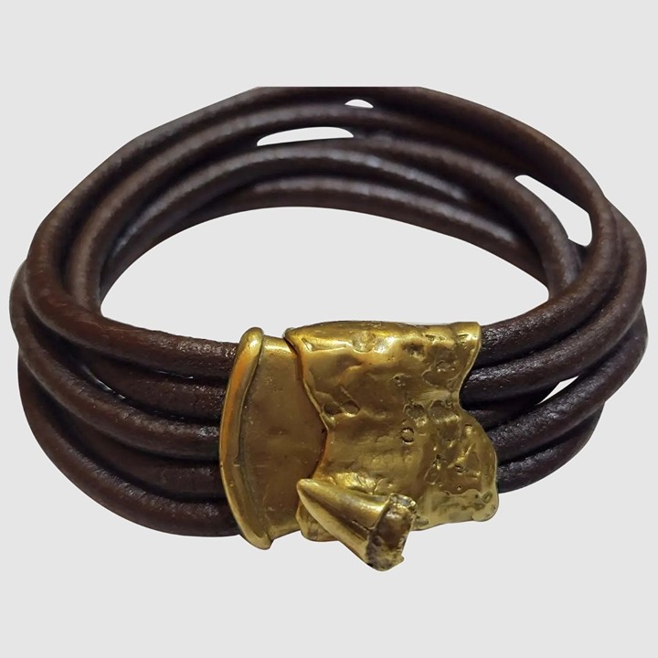 Alkemie Brutalist Leather and Brass Sharktooth Screw Lock Bracelet (A2667)