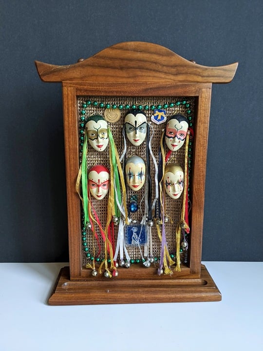 Vtg Brinn's Mardi Gras Face Hanging Ornaments w/ Display Stand