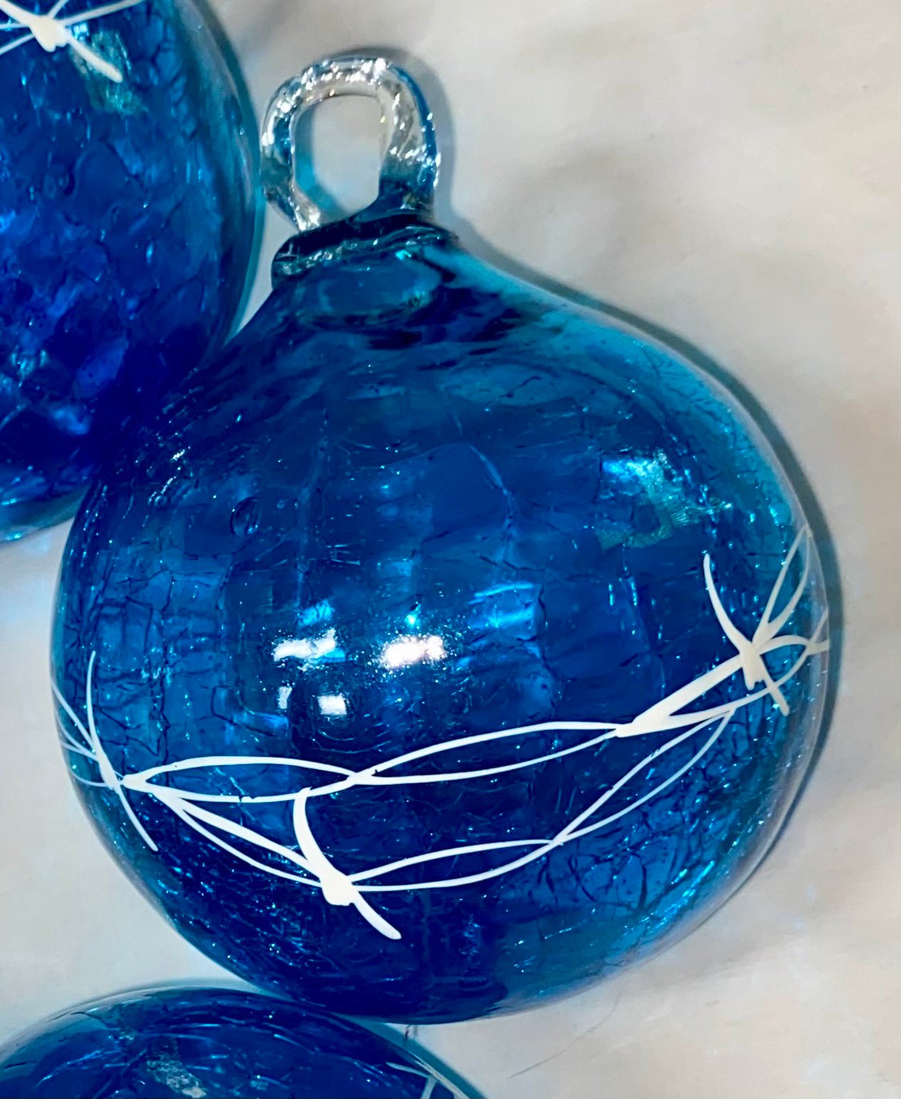 5 Heavy Blue Crackle Glass Ball Ornaments Handblown