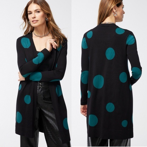 NWOT CHICO'S Spun Rayon Polka Dot Midi Cardigan Black Gren SZ-XXL