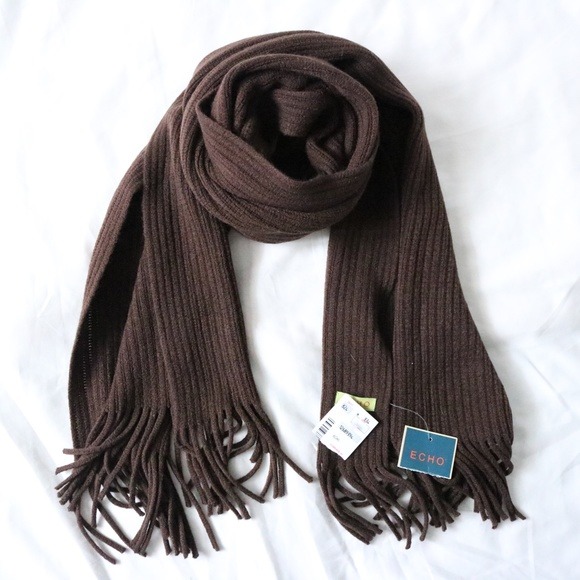 Echo Brown Ribbed Knit Fringe Scarf NWT