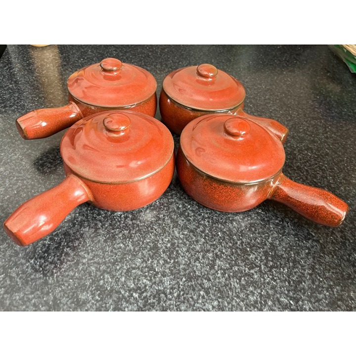 Vtg 1970's Set Of 4 Burnt Red Ceramic Soup Crocks With Lids Soup Oven Microwave