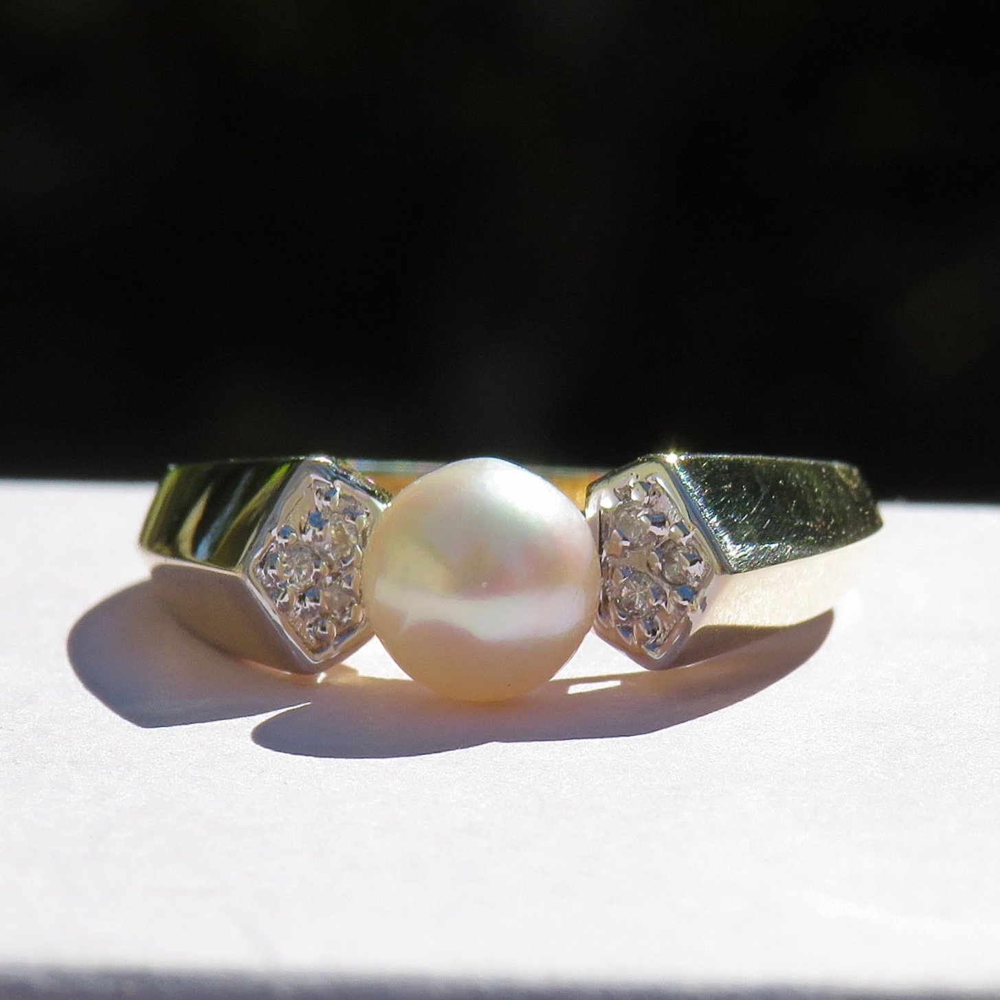 14k yellow gold pearl & diamond accent ring size 8