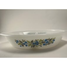 Vintage Glasbake Milk Glass Divided Baking Casserole Dish Blueberries 12 x8.5