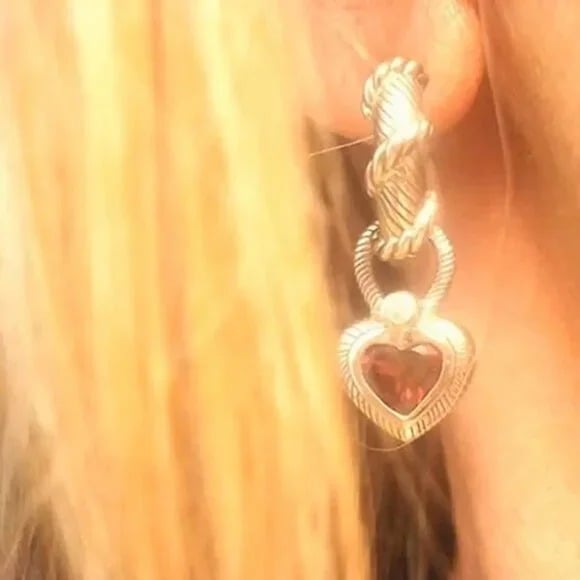 Judith Ripka, Hearts, Sterling, Diamond and Red Garnet Earrings, 1 1/8