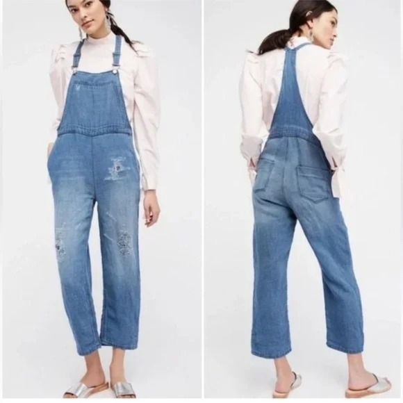 Free People Linen Blend Distressed Cropped Overalls Blue Patchwork Size XS