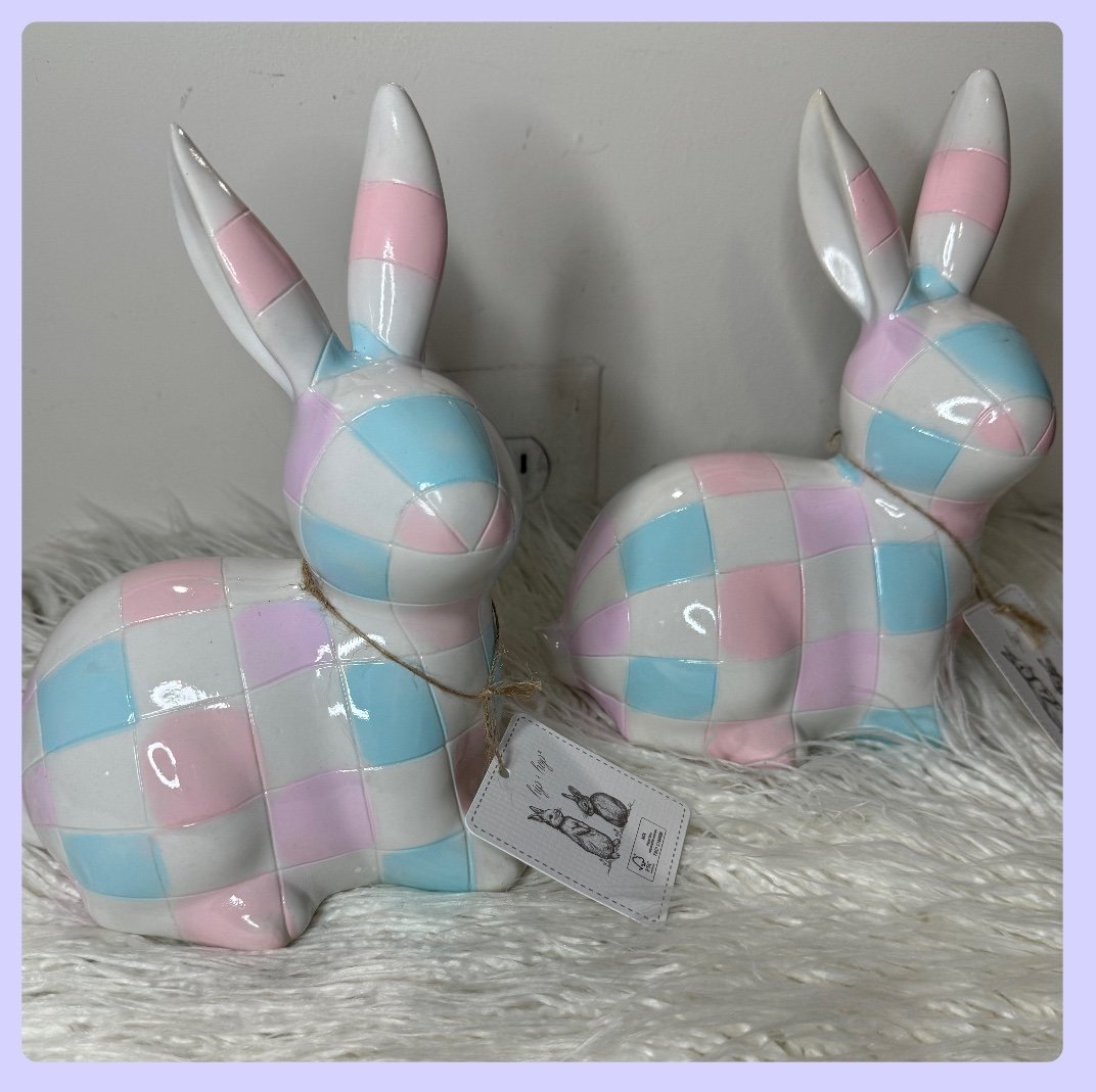 Set of 2 pastel checker Easter bunny holiday decor