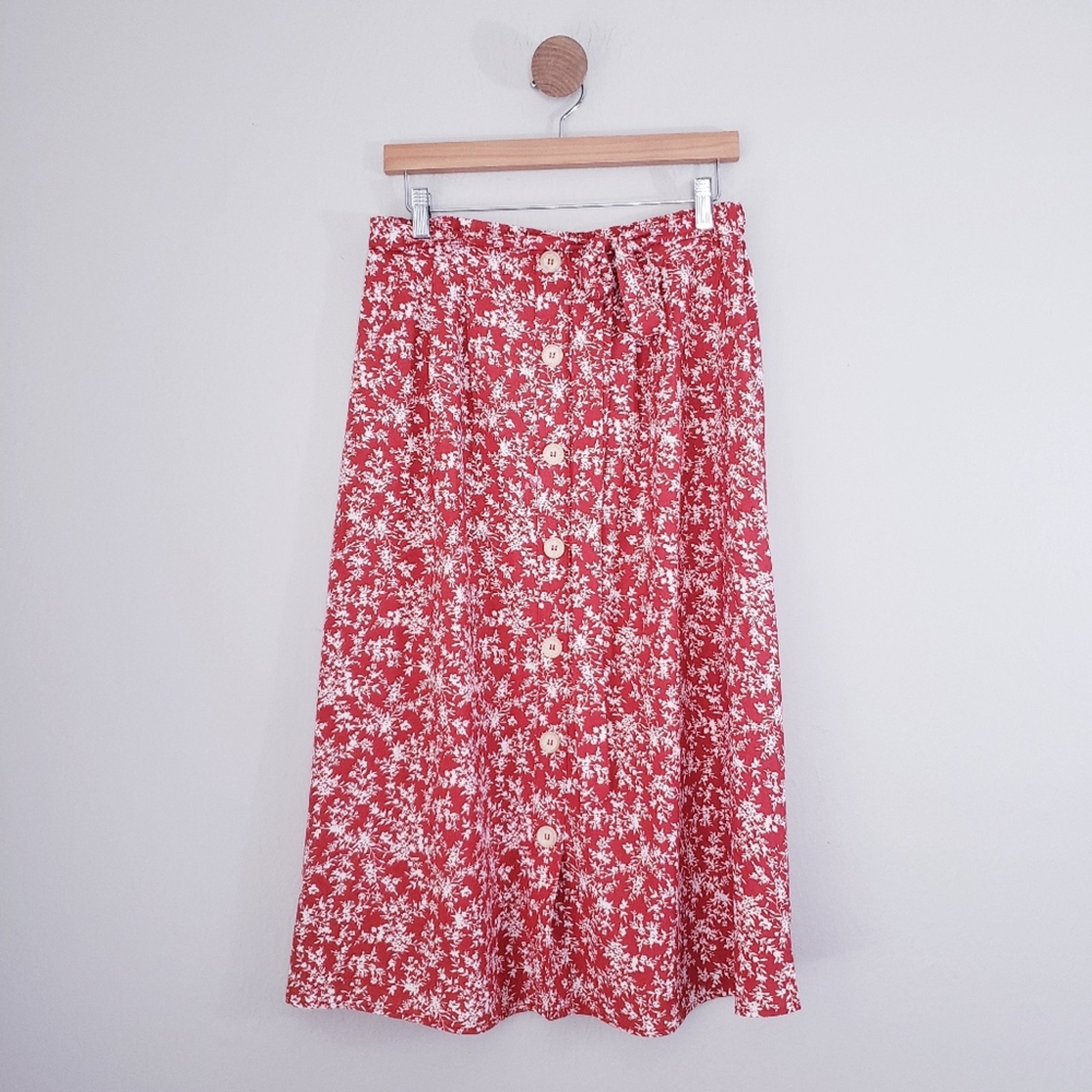 Perch by Blu Pepper Red and White Ditsy Floral Button Down Midi Flowy Skirt