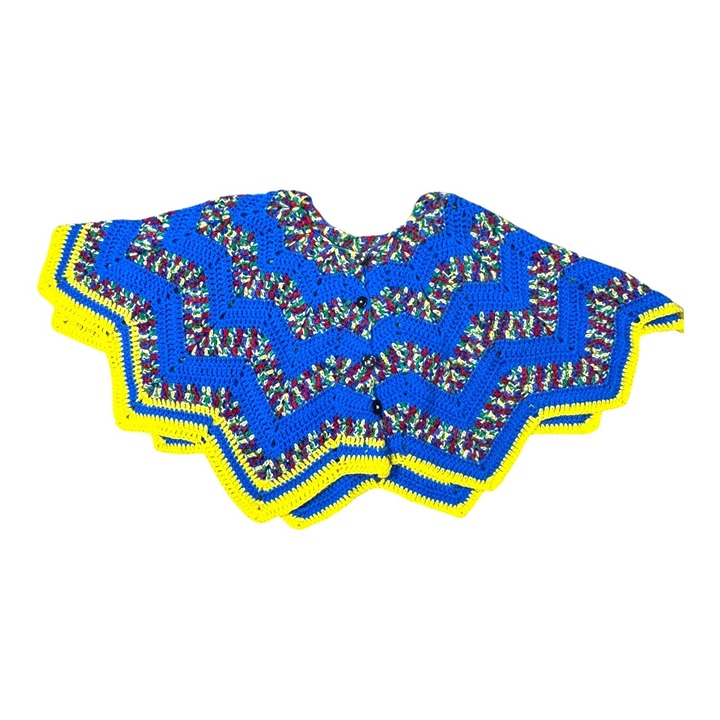 Handmade Crochet Knit Zigzag Poncho Button Closure Blue Yellow & Design Vintage