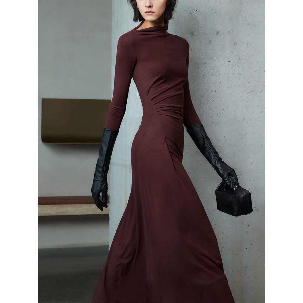 Commense Bodycon Asymmetrical Neck Long Sleeve Ruched Maxi Dress size L Burgundy