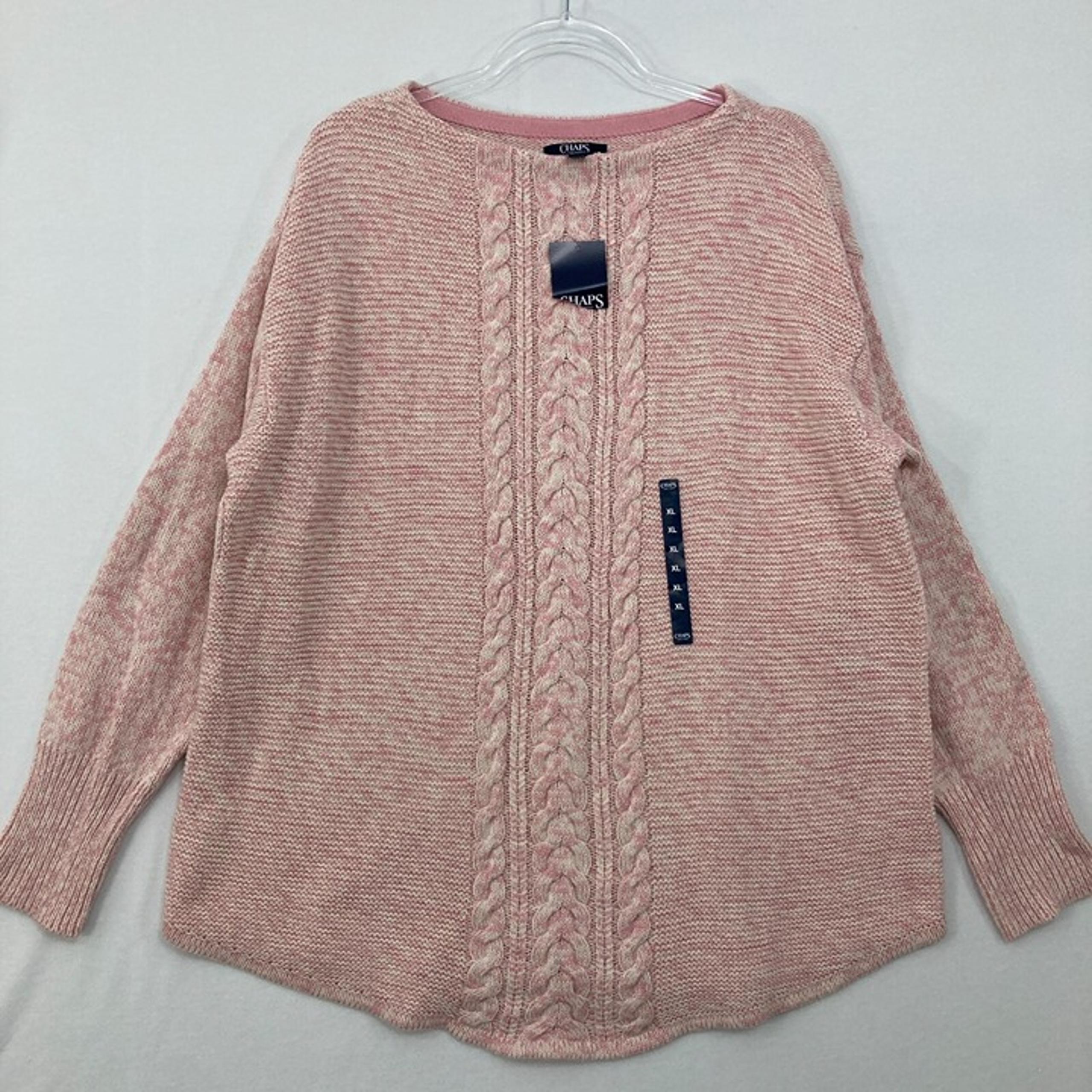 New Chaps size XL Pink White Cable Knit Crew Neck Pullover Preppy Sweater