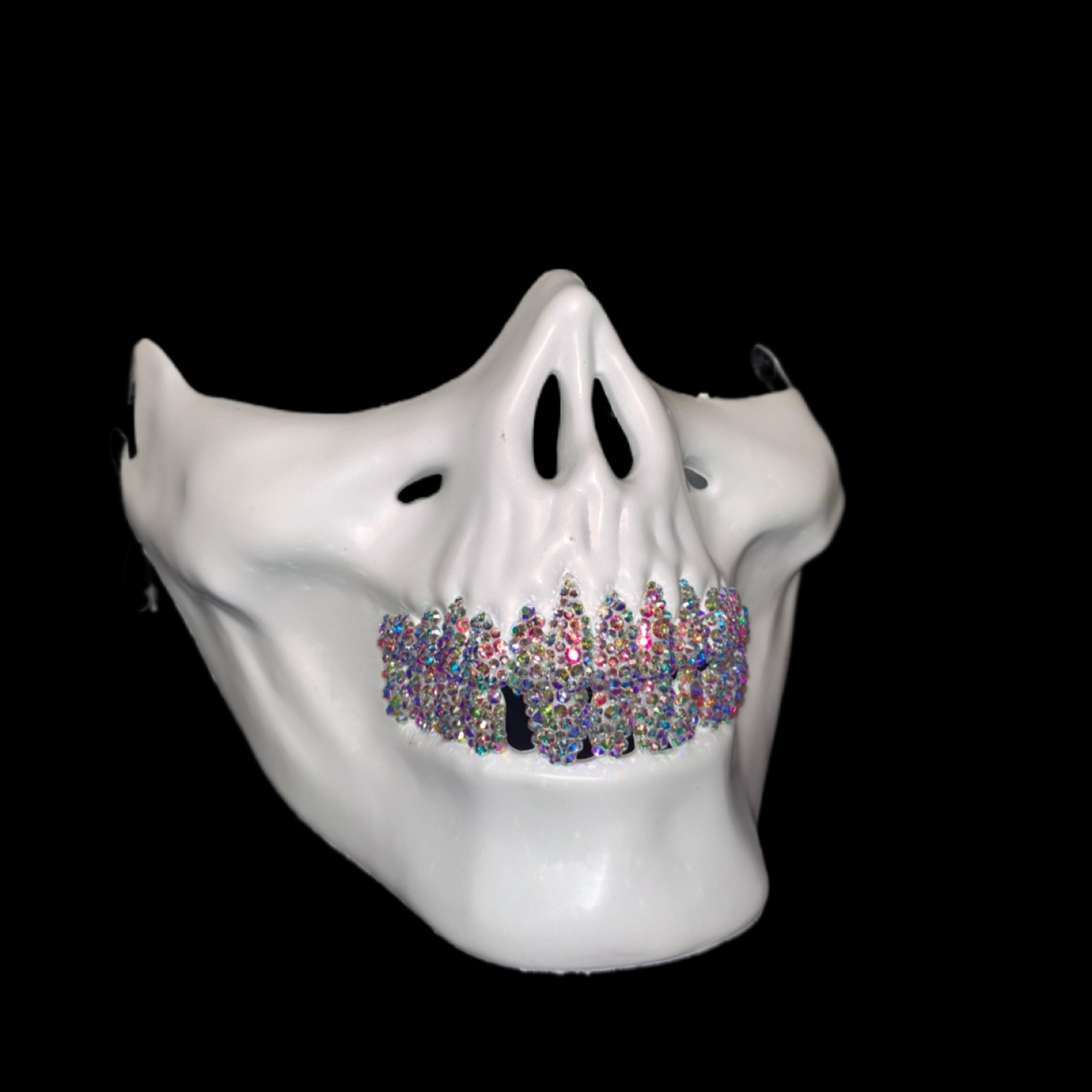 White Half Skull Mask With Blinged Out Crystal Grillz New