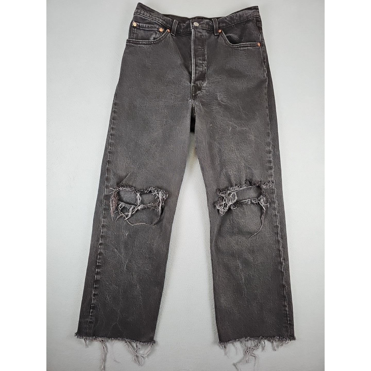 Levis Women's Size 30 Black Ribcage Straight Distressed Denim Jeans Cropped Raw
