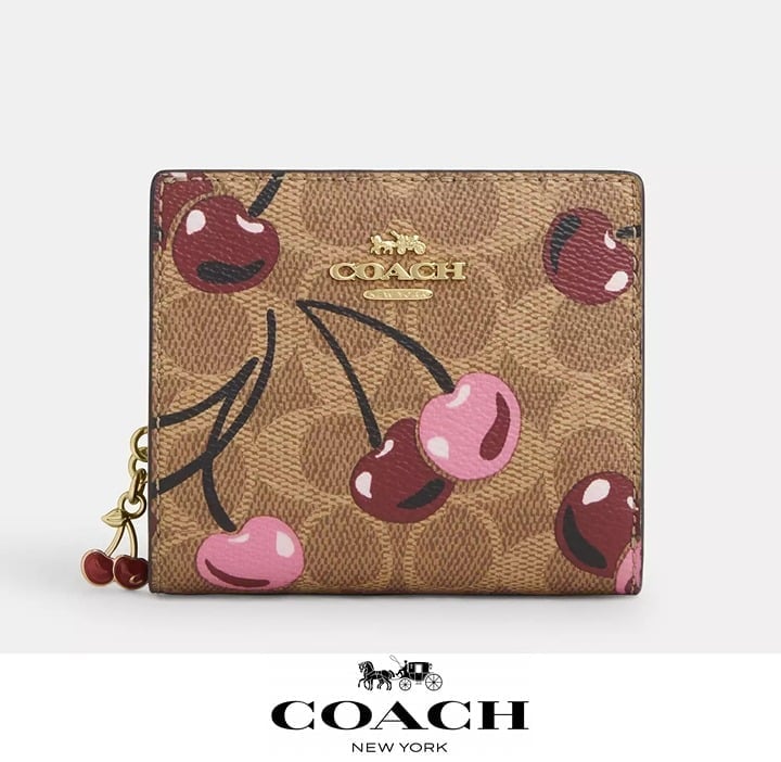 NWT ❤️ Coach Snap Wallet In Signature Canvas With Cherry Print