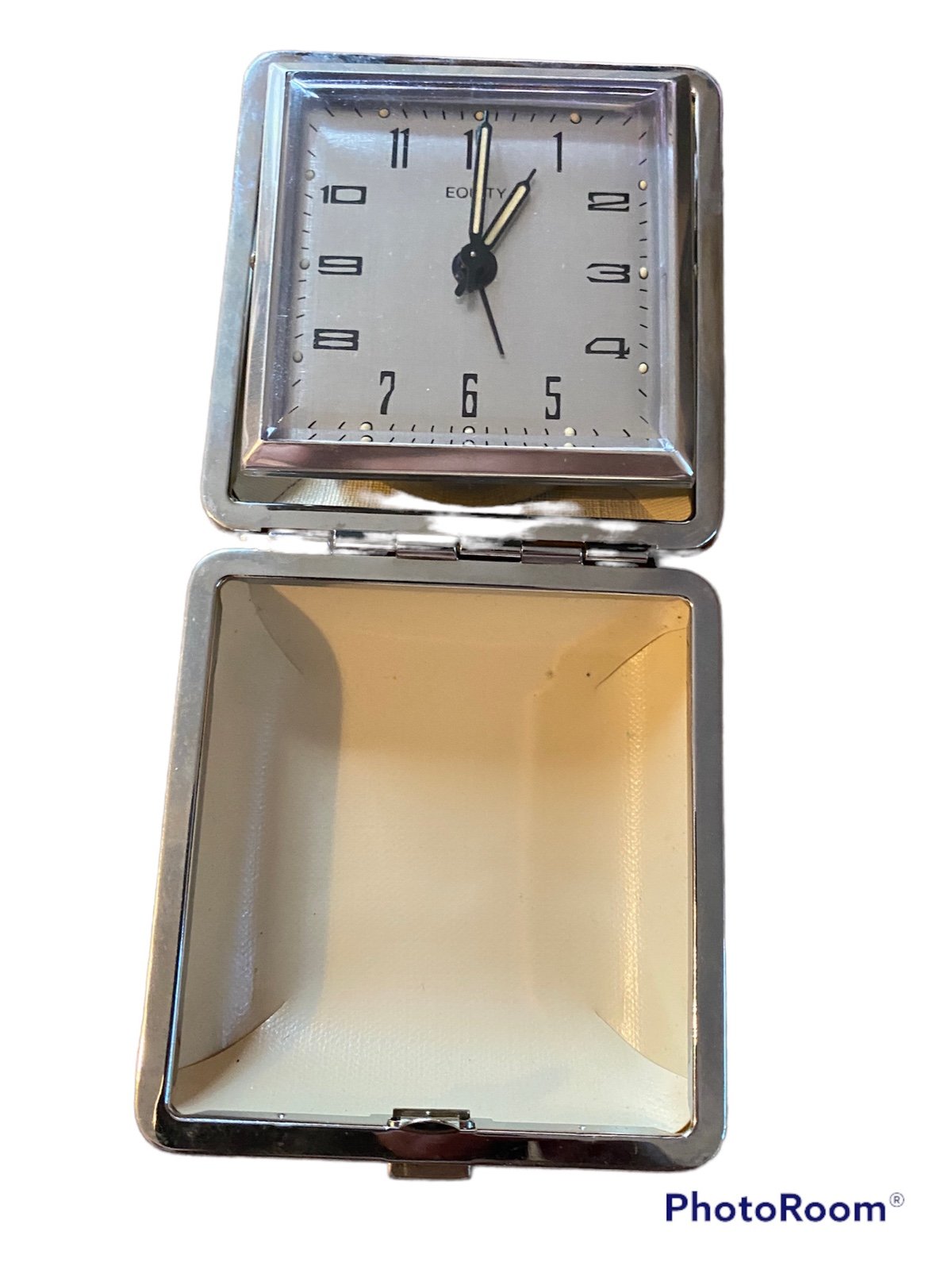 Vintage equity silver travel alarm with built in case tested and working