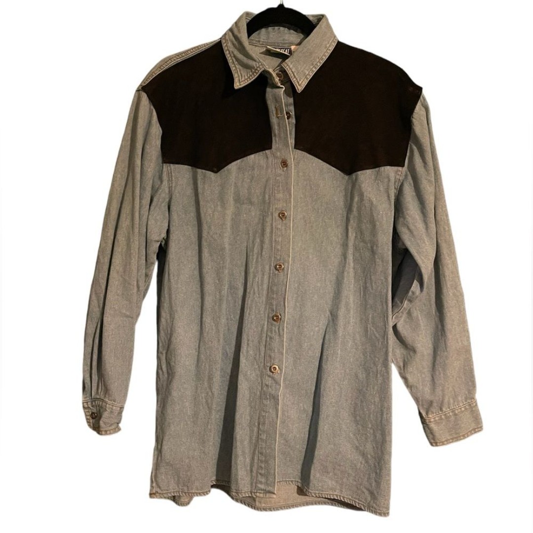 Vintage Women’s Cowgirl Western Denim Shirt w suede Button Down sz Large