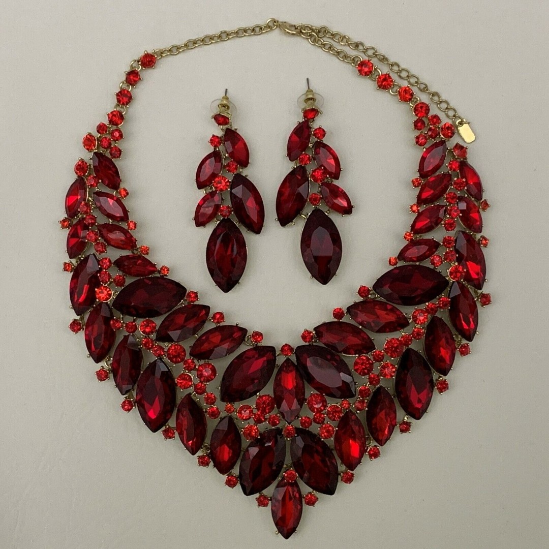 Necklace & Dangling Earrings Red Gold-tone Marquis Shape Adjustable