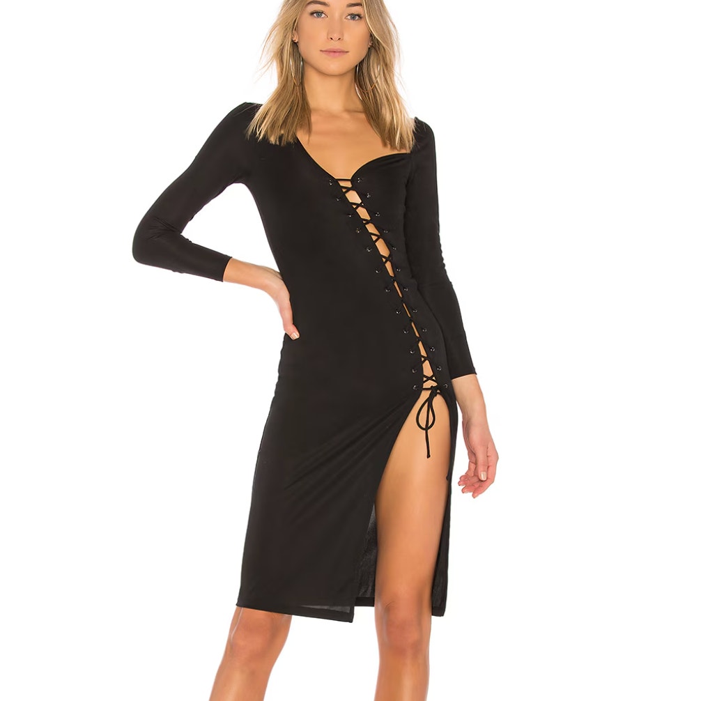Revolve Asymmetric Laceup Midi Dress Black SMALL Bodycon H:ours Branden 148 NEW