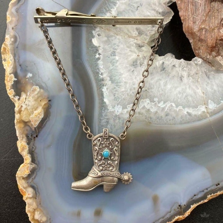 Sterling Silver Hickok Cowboy Boot Tie Chain For Men, Cowboy Style Rodeo Fashion