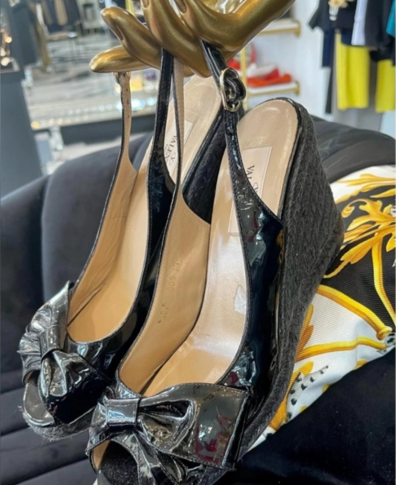 Valentino black wedge patent leather espadrilles