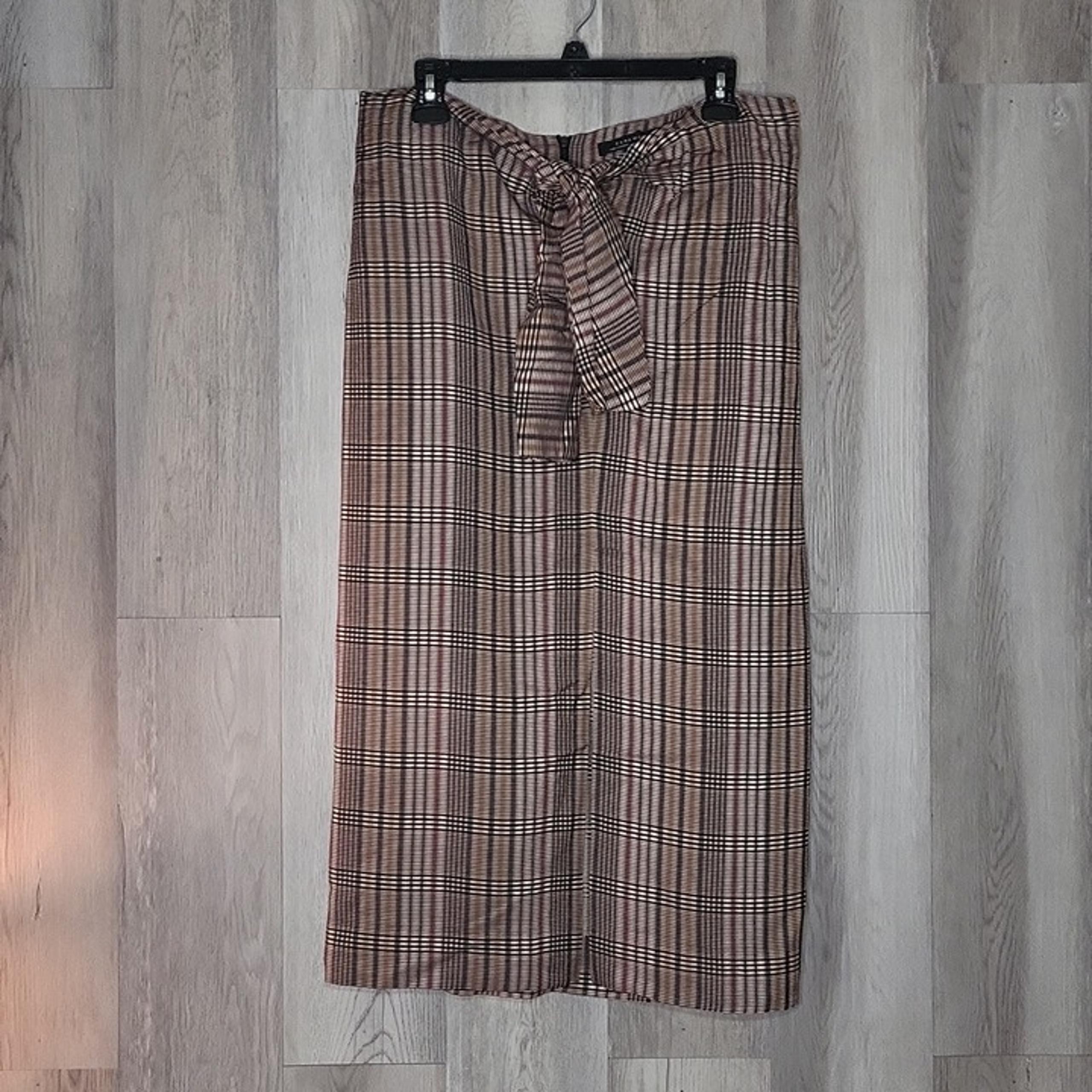 Zara Woman Brown Plaid Tie Front Back Zip Pencil Skirt Womens Size Medium