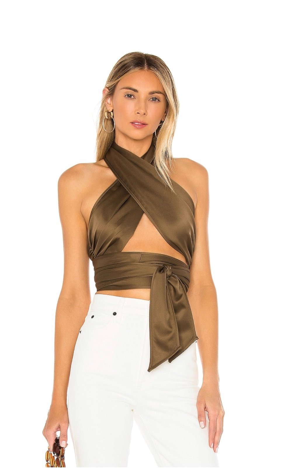 LPA Sleeveless Gathered Wrap Tie Satin Cropped Top 532 Taupe Women's Size M