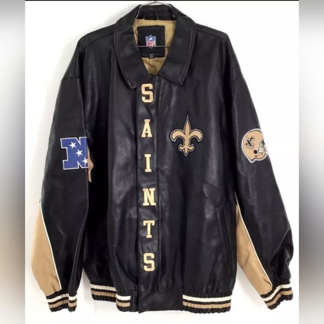 NFL Black New Orleans Saints Football Bomber Varsity Leather lik Jacket Coat 2XL