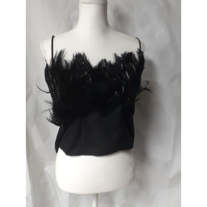 Vtg Neiman Marcus Women's L Black Feather Top, Elegant Dressy, Cropped, Zippered