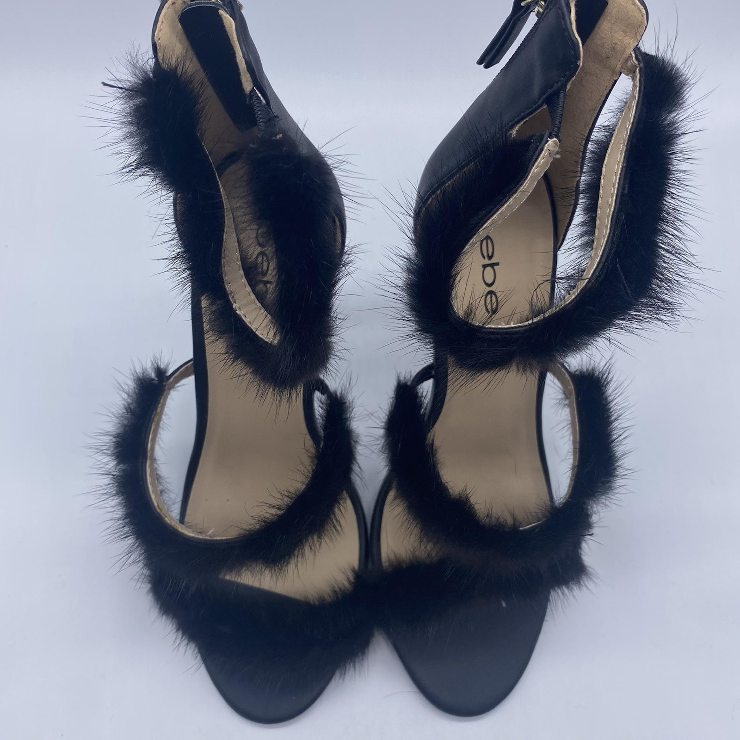 Bebe Berdine Black Ankle Strap Stiletto Faux Fur Womens Heels Sz 7.5