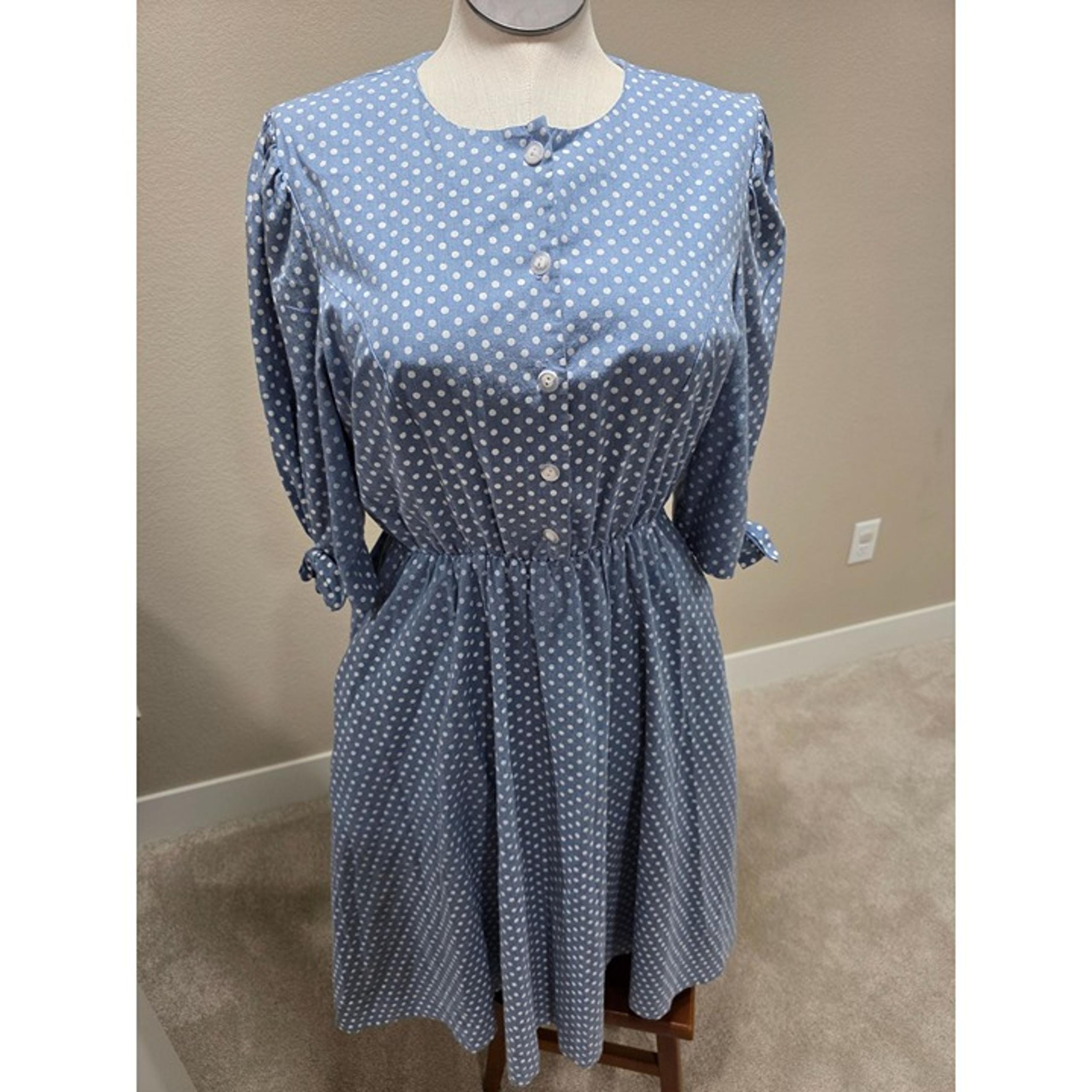 Vintage Blue Polka Dot Dress With Puff Sleeves Bow Accents & Button Front S 14