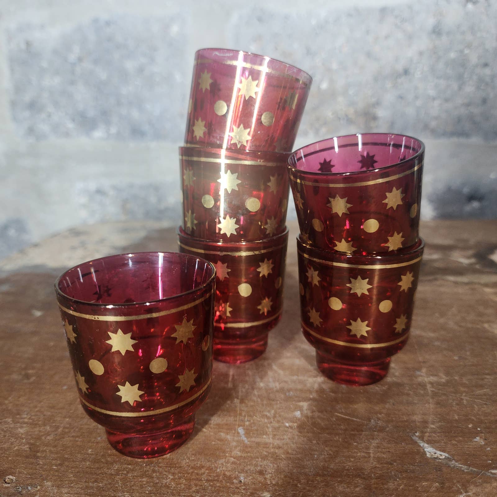 Cranberry Glass Metallic Gold Moons Stars candle Votive Candle Holders set of 6